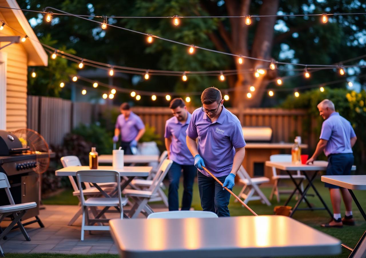 Royalty Touch crew in lavender uniforms cleaning up after a backyard cookout
