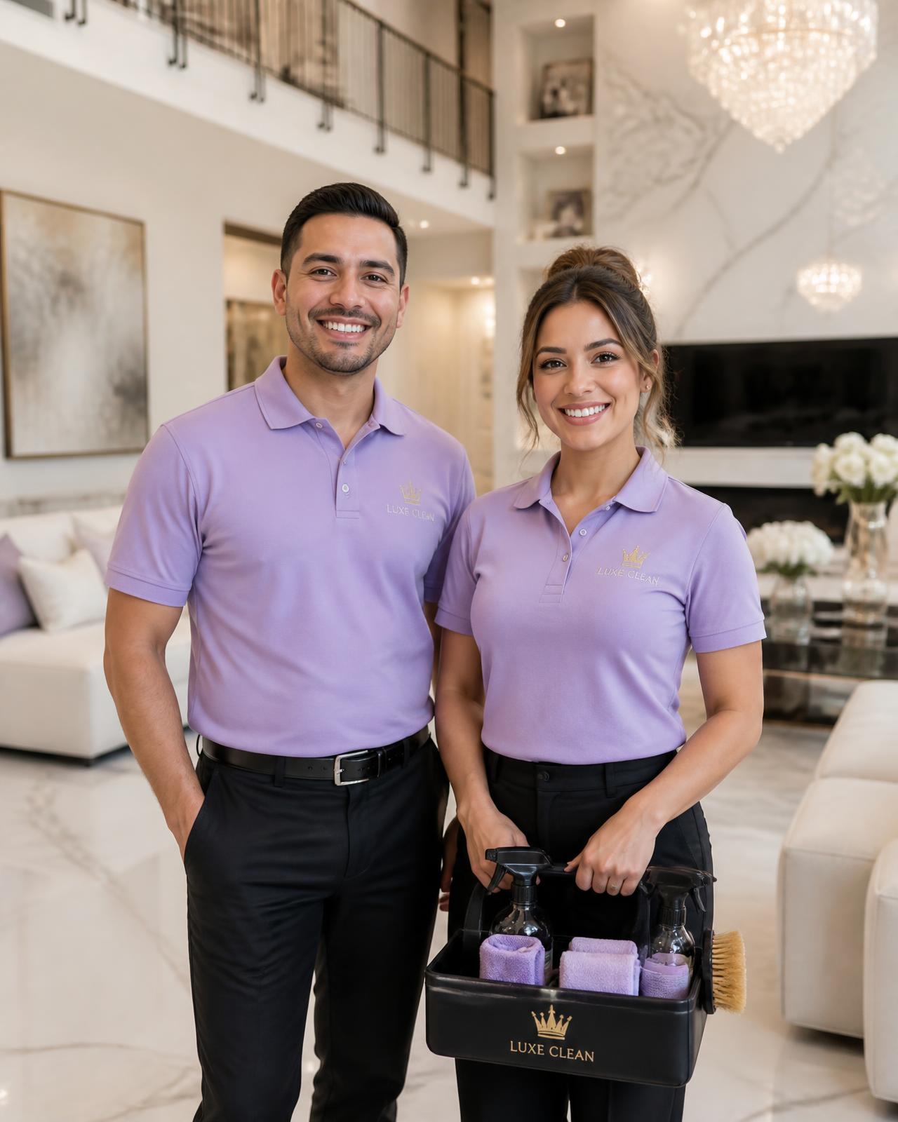 Royalty Touch Cleaning team in lavender branded uniforms with gold crown logo